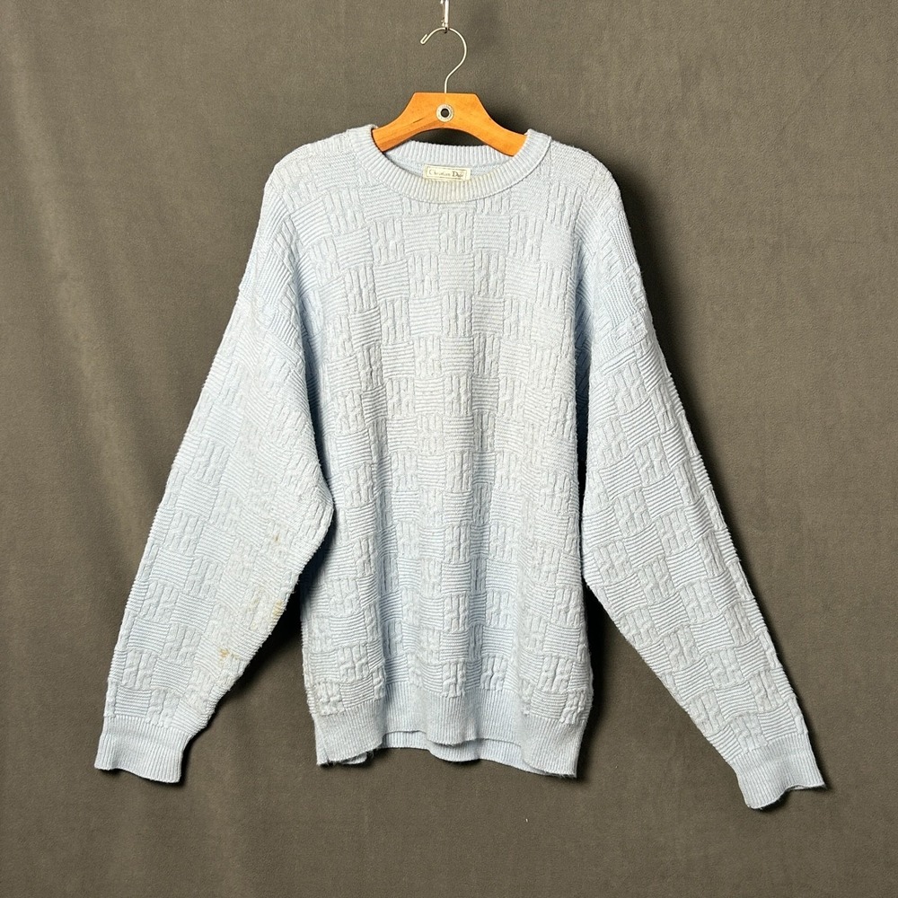 Vtg 80s Christian Dior Blue Crewneck Sweater Embroidered Logo USA Mens XL Knit‎